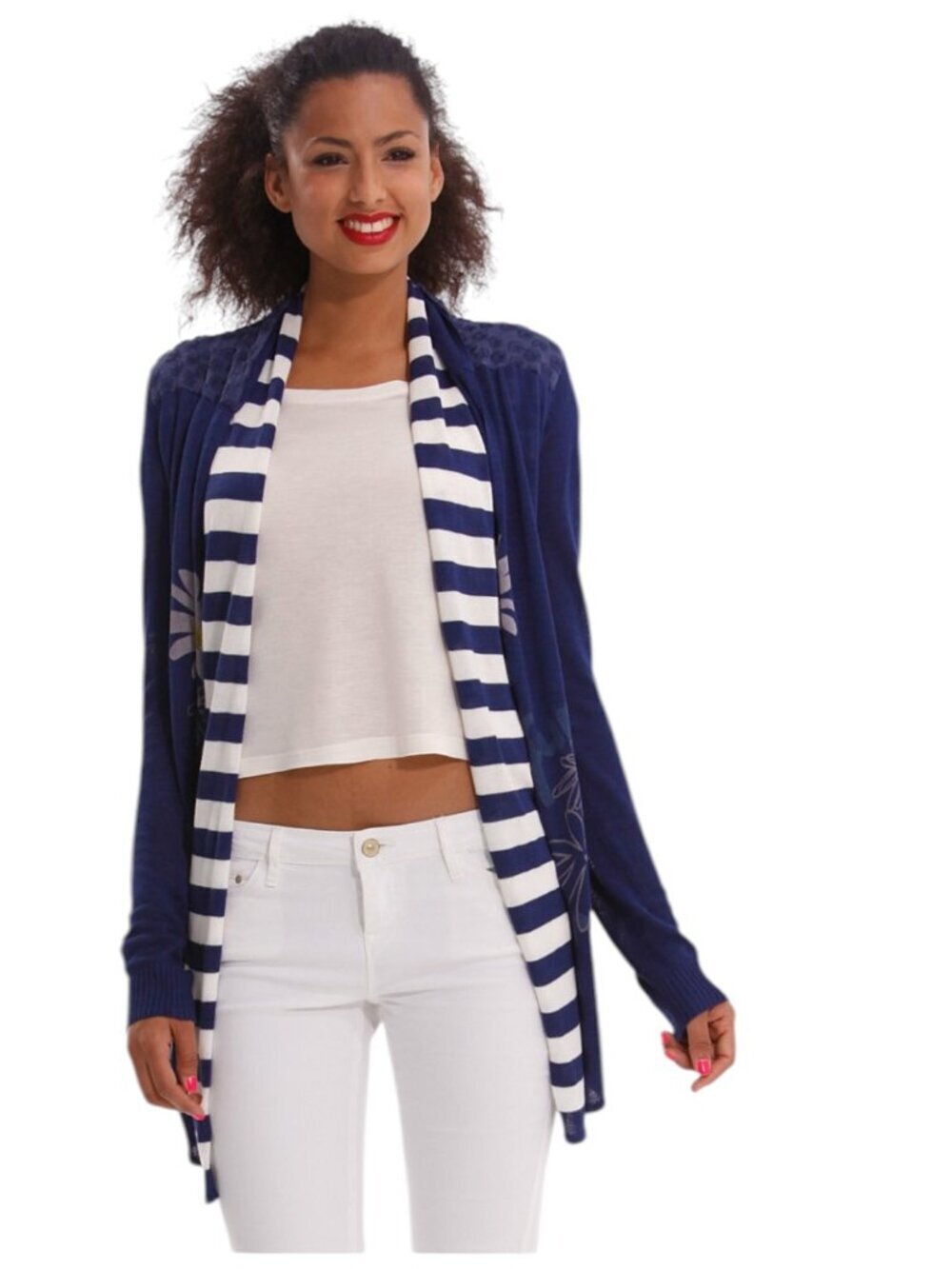 Desigual Daisy Cardigan Blue Floral Striped Draped Open Front Size M